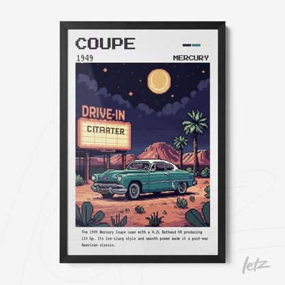 retro style framed art of a 1949 Mercury Coupe in front of a drive-in with a neon sign