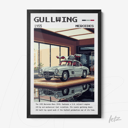 retro wall art featuring a 1955 Mercedes Benz car with a black frame