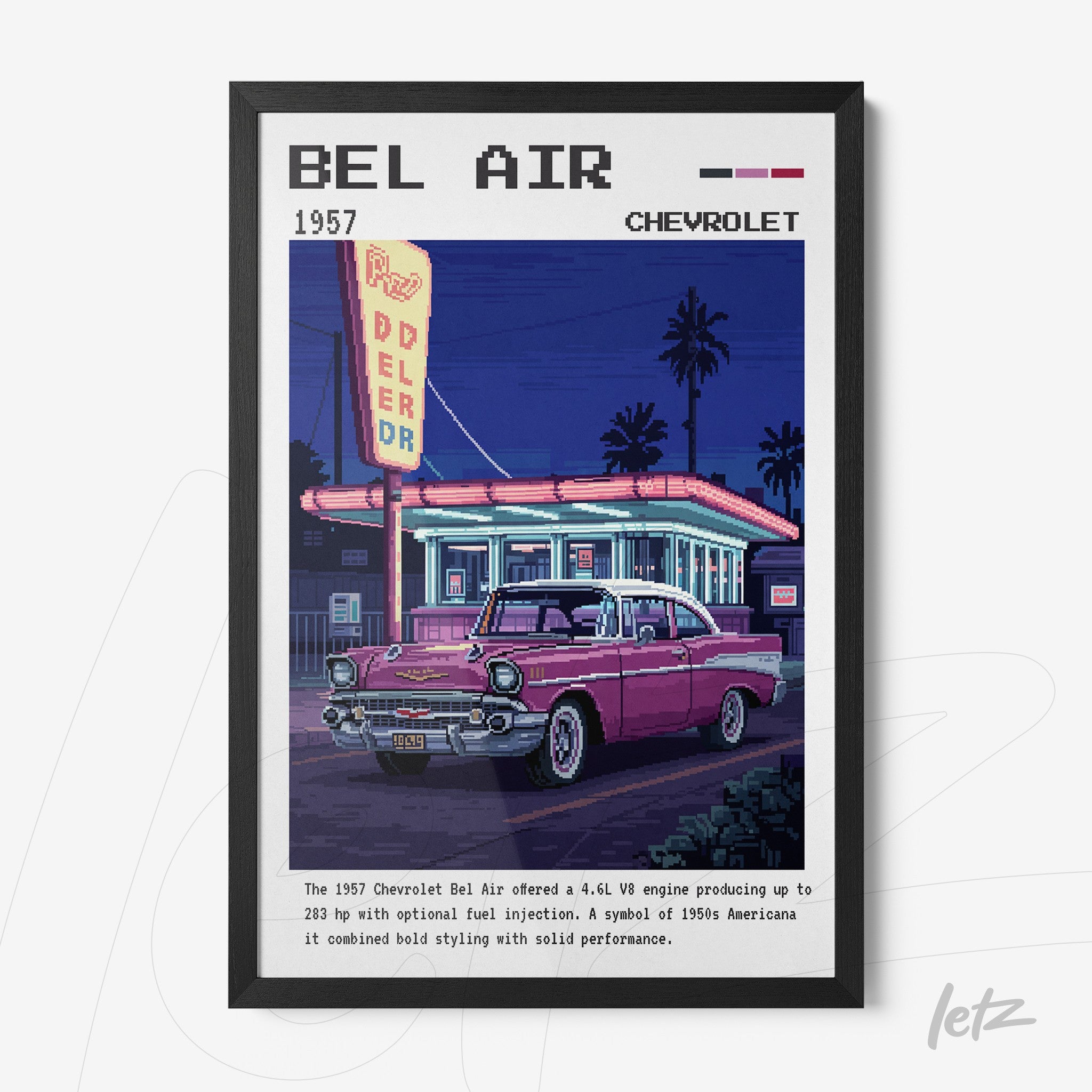 framed vintage illustration of 1957 Chevrolet Bel Air car with black frame