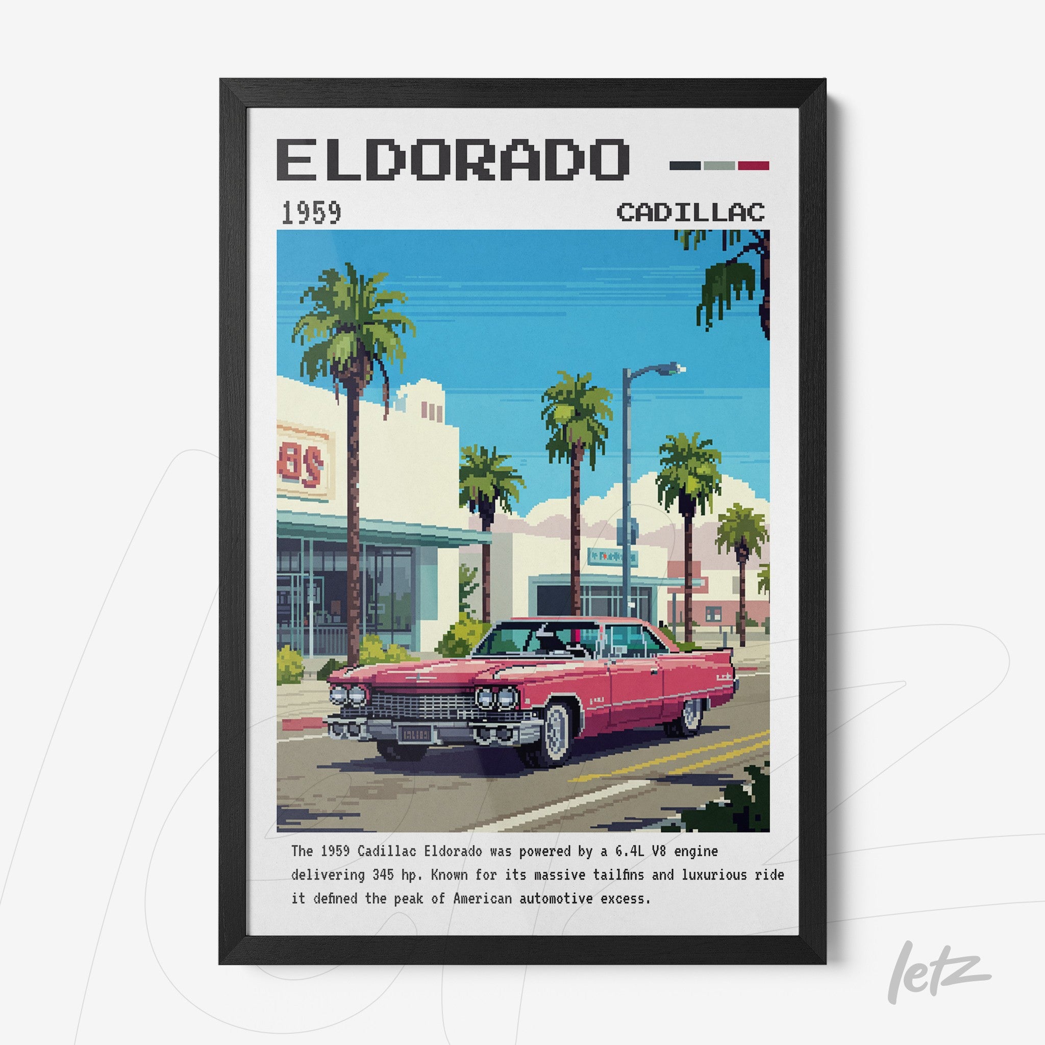 framed pixel art of a 1959 Cadillac Eldorado parked in front of a dealership with palm trees in the background