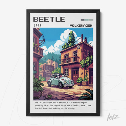 framed pixel art of a 1963 Volkswagen Beetle in an urban scene with colorful background