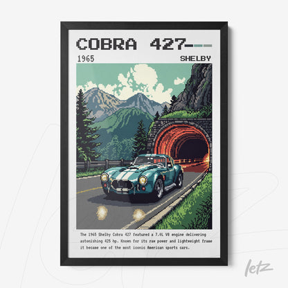 pixel art framed print of a Shelby Cobra 427 car with a black frame, featuring mountains and a tunnel background