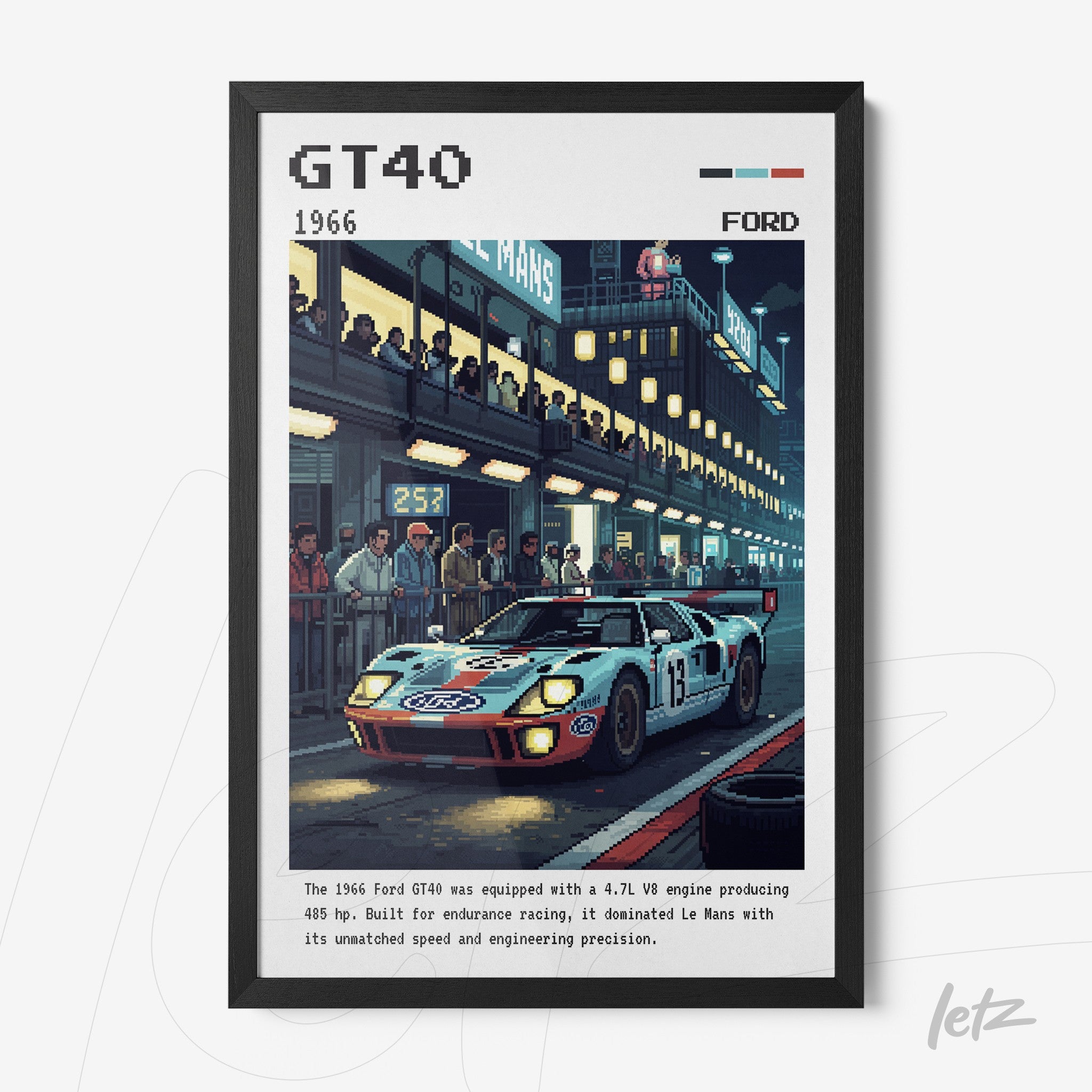 retro style framed artwork of a Ford GT40 racing car on a racetrack with crowd details and evening lights