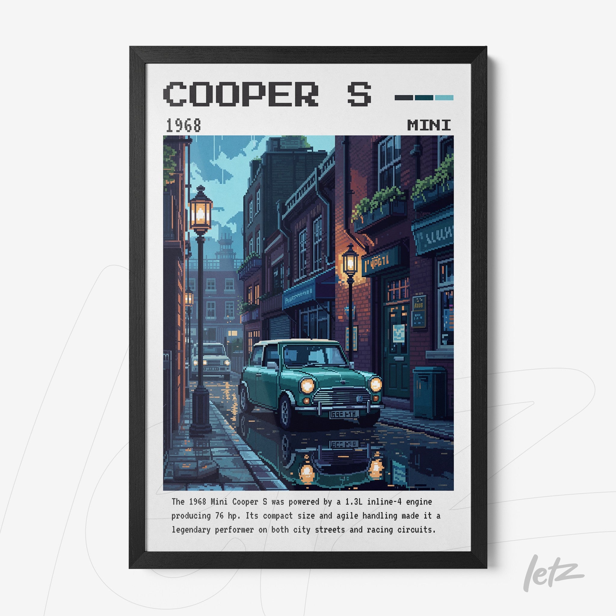 black-framed artwork featuring a pixelated illustration of a 1968 Mini Cooper S parked on a quiet street illuminated by street lamps