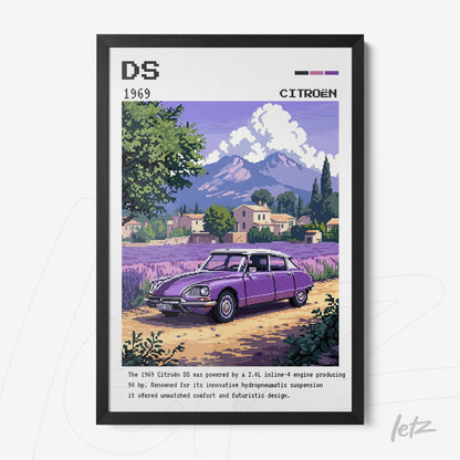 pixel art print of a purple Citroën DS in a rural landscape with mountains in the background, framed in black