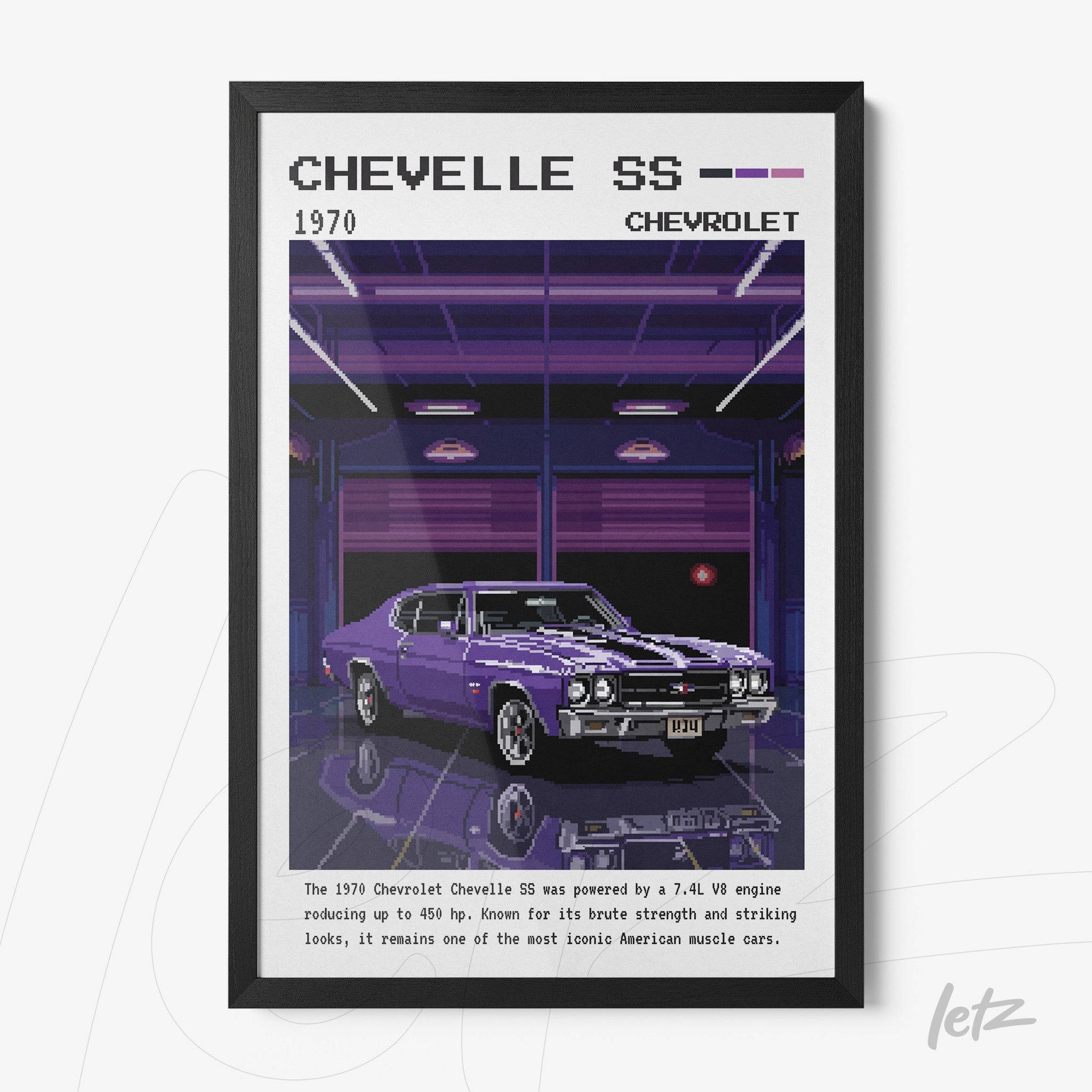 framed digital illustration of the classic 1970 Chevelle SS car with a black frame and retro background