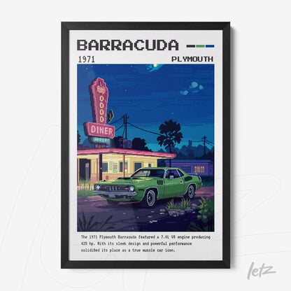 framed artwork of a retro-style green Plymouth Barracuda with a diner in the background