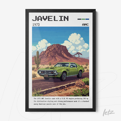 pixel art framed print of a 1973 AMC Javelin in front of a red mountain