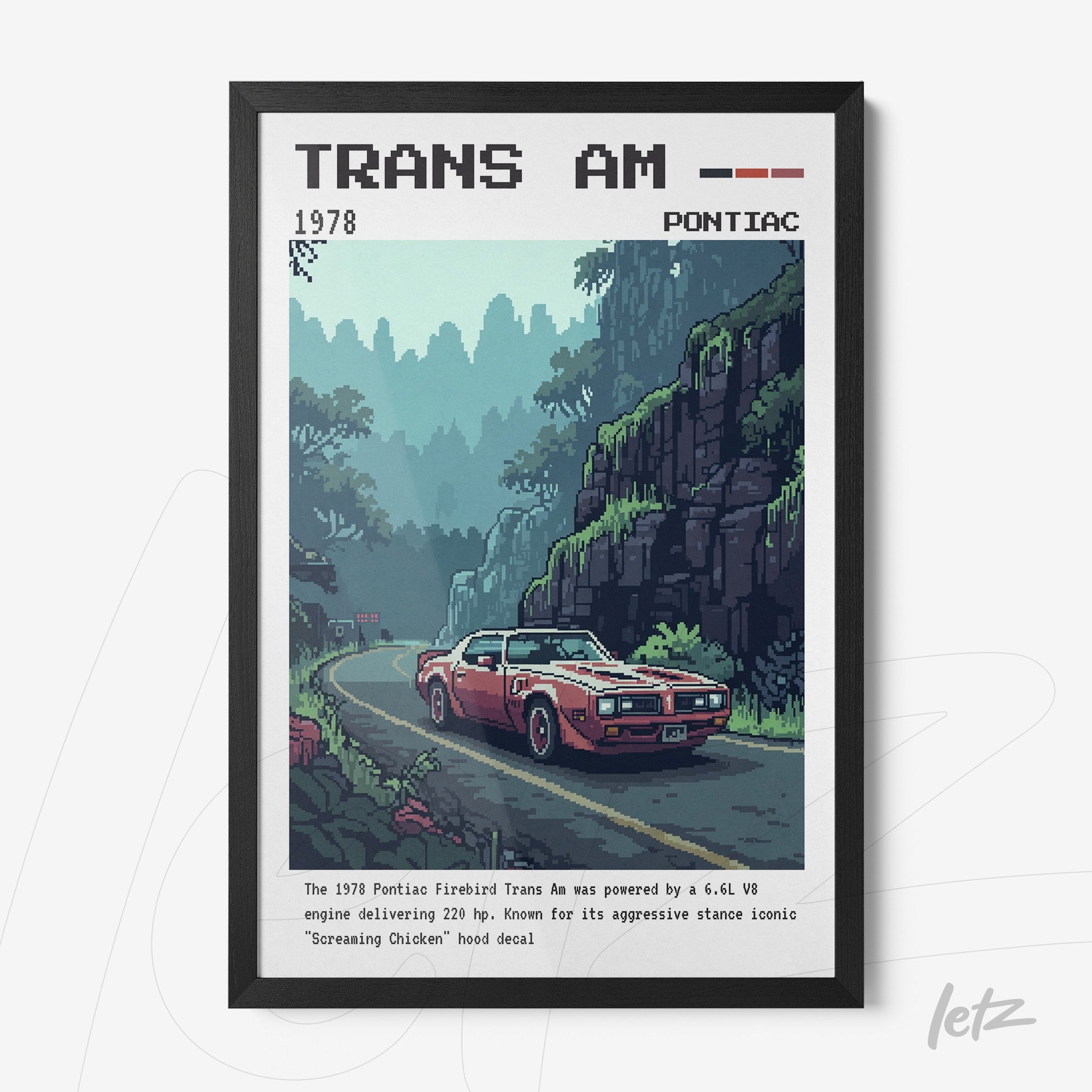 pixel art framed illustration of a red Pontiac Trans Am on a winding road among green mountains with black frame