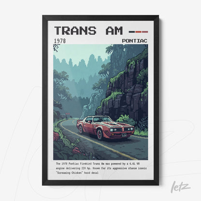 pixel art framed illustration of a red Pontiac Trans Am on a winding road among green mountains with black frame