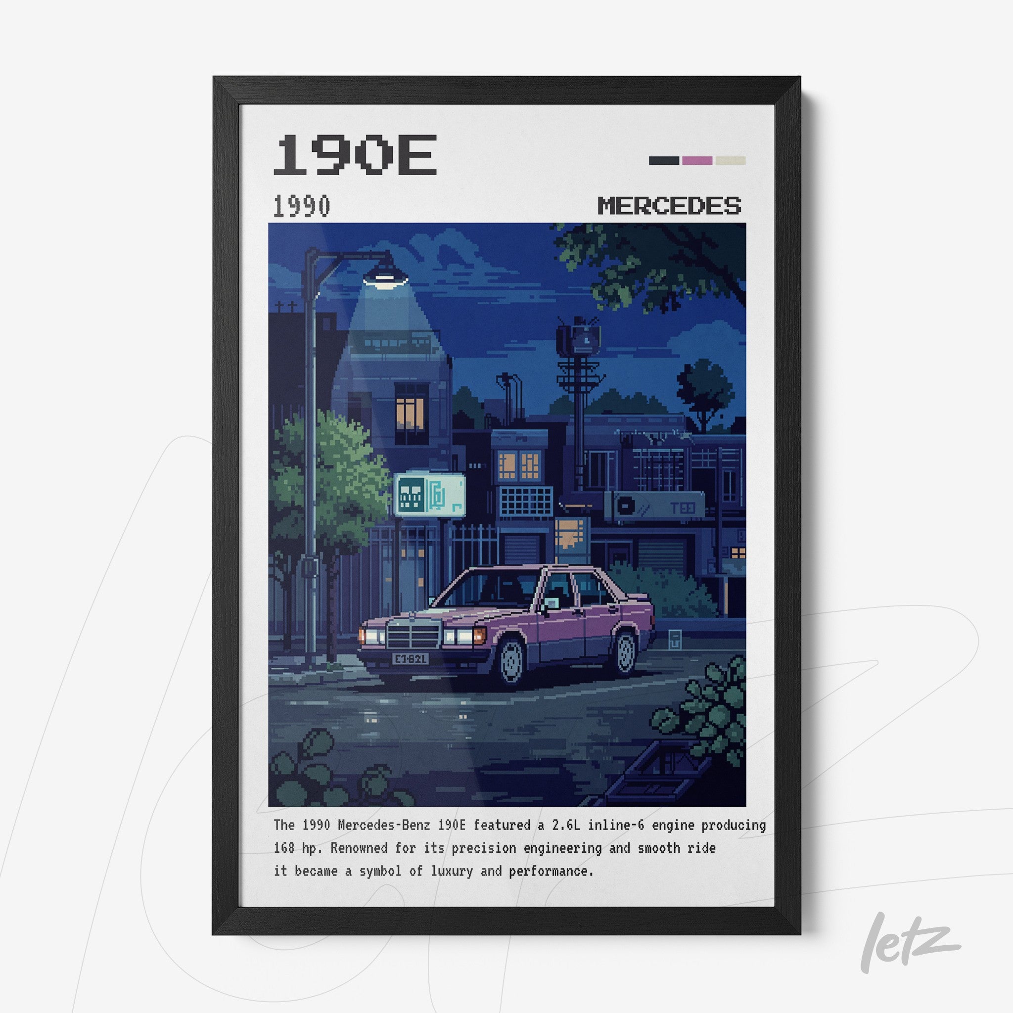 pixel art print of a Mercedes-Benz 190E parked in a night setting with street lighting, framed in black
