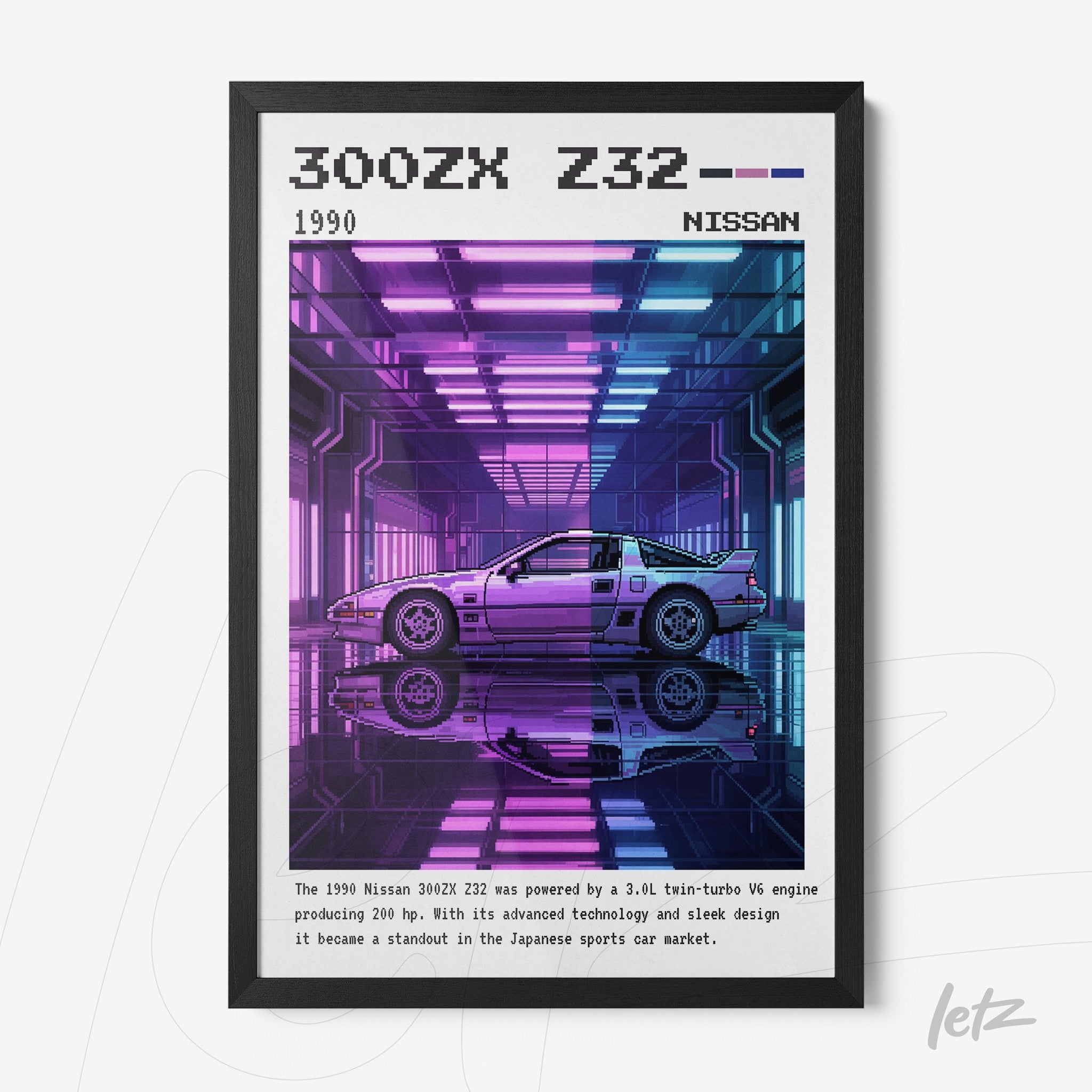 framed artwork of a Nissan 300ZX Z32 sports car with a colorful neon background