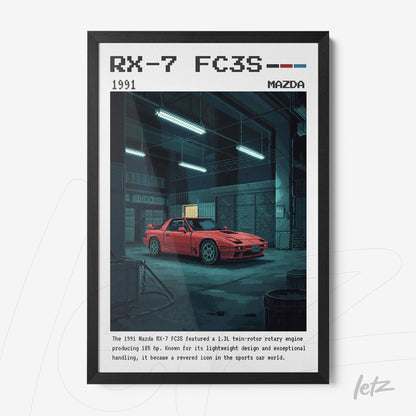 decorative art print featuring a digital illustration of Mazda RX-7 FC3S in a dimly lit garage, framed with a black border