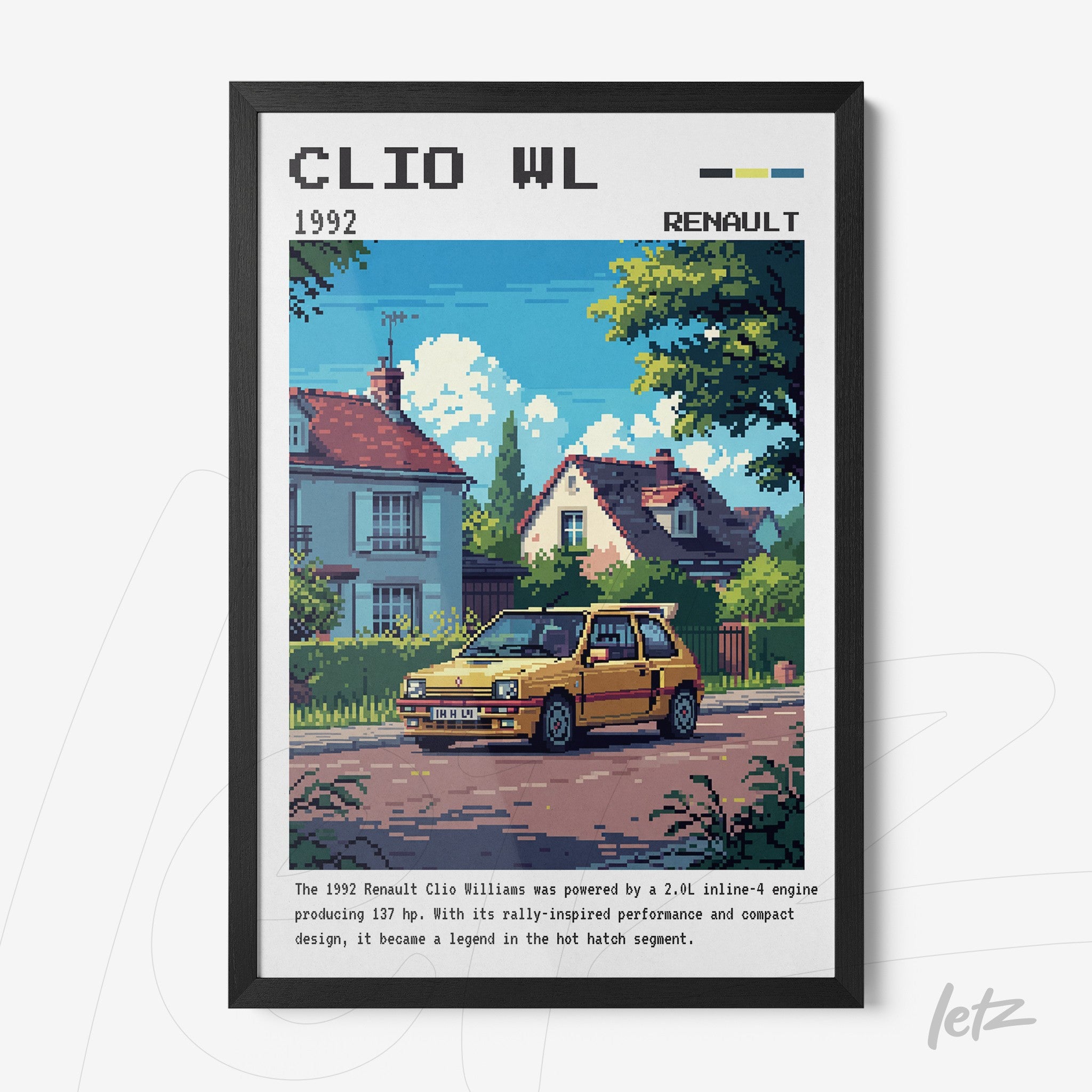framed retro digital art of a yellow Renault Clio Williams parked in front of a classic house