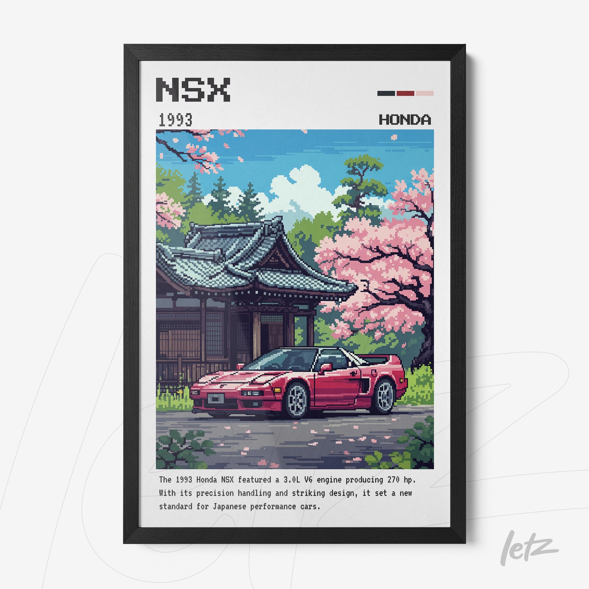 pixel art print of a Honda NSX car in front of a Japanese temple with cherry blossom trees