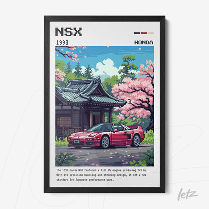 pixel art print of a Honda NSX car in front of a Japanese temple with cherry blossom trees