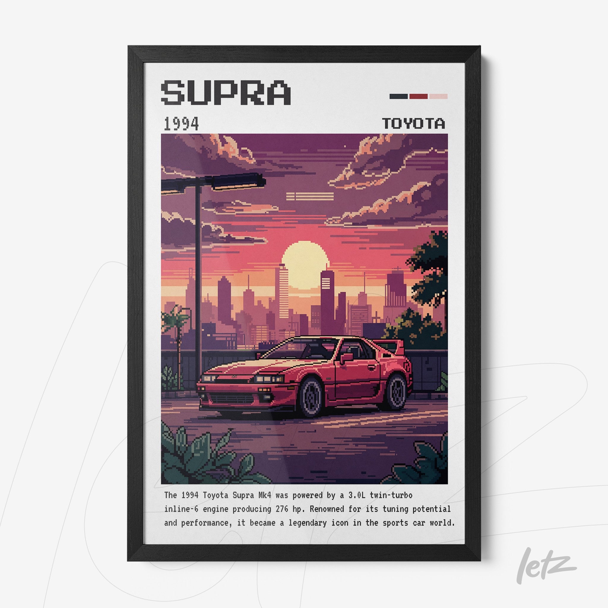 framed pixel art of the 1994 toyota supra, featuring a sunset background in shades of orange and purple