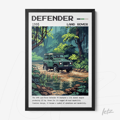 pixel art of a 1995 land rover defender in a natural setting with trees and water