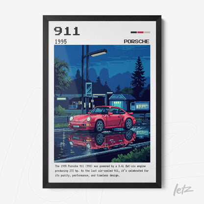 framed retro illustration of a Porsche 911 car with blue tones and an urban night background reflected in water