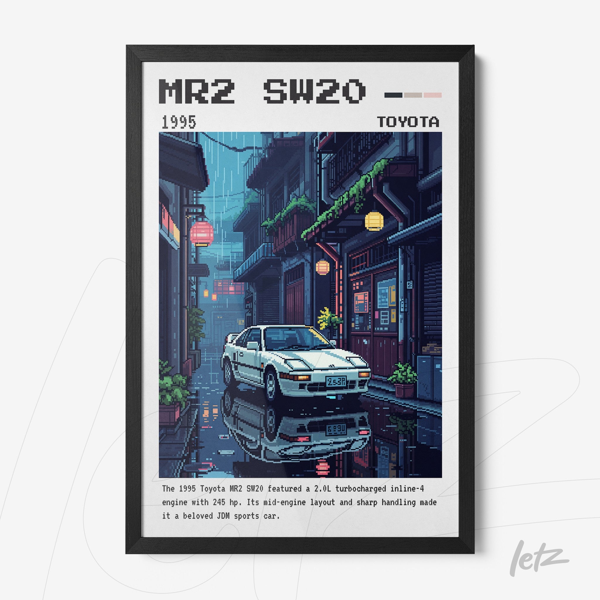 retro style framed artwork of the Toyota MR2 SW20 car in a wet neon-lit street scene