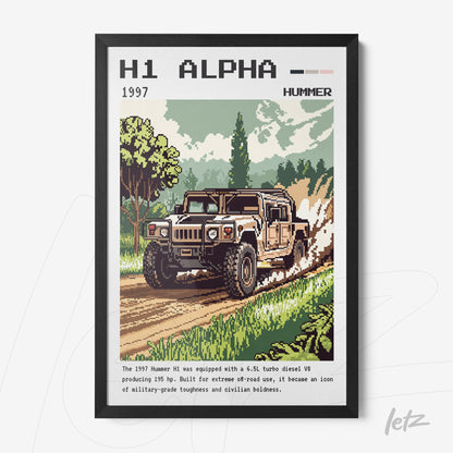 decorative framed pixel art of a Hummer H1 in a rural setting with black frame
