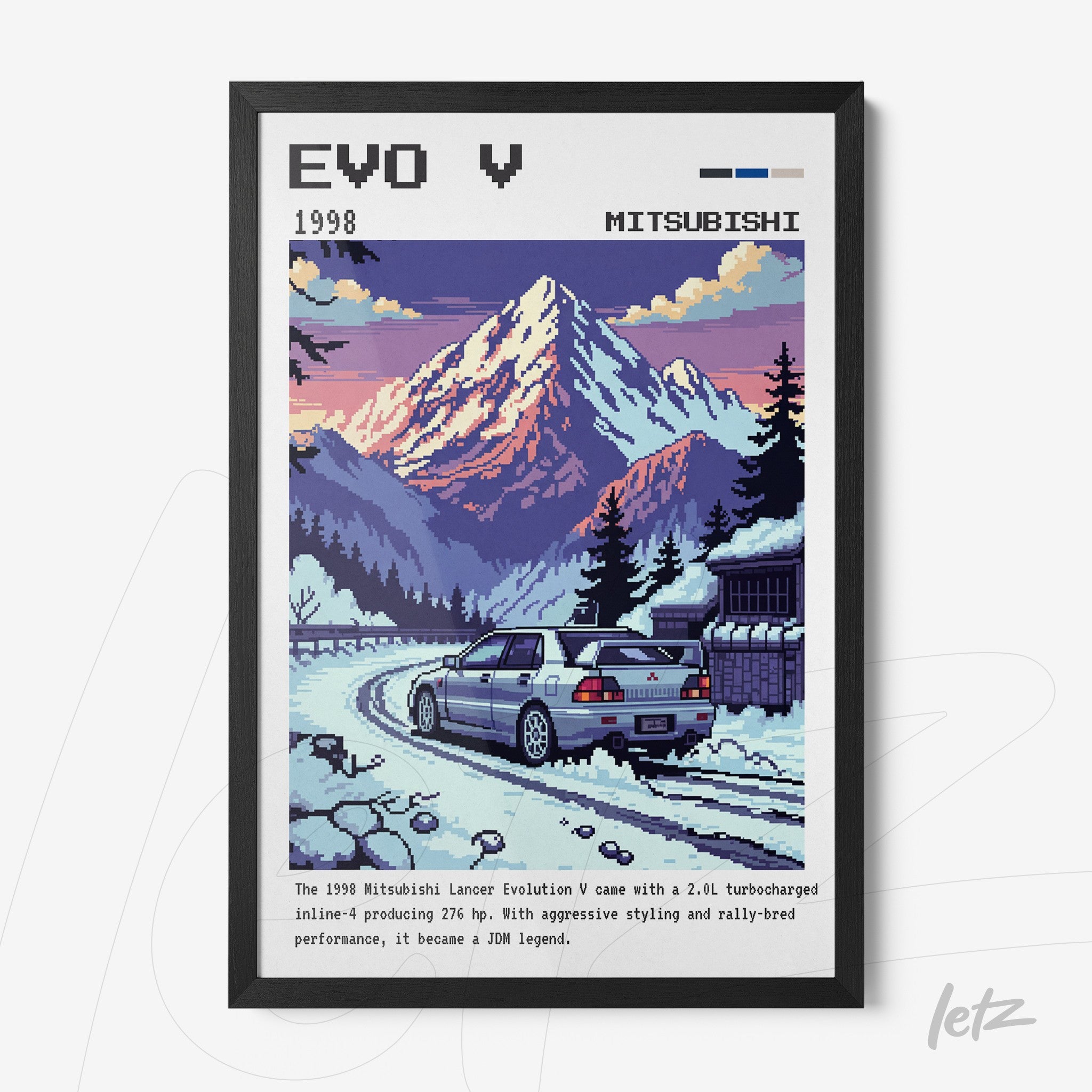 framed pixel art of the Mitsubishi Lancer Evolution V on a snowy mountain road with a black frame