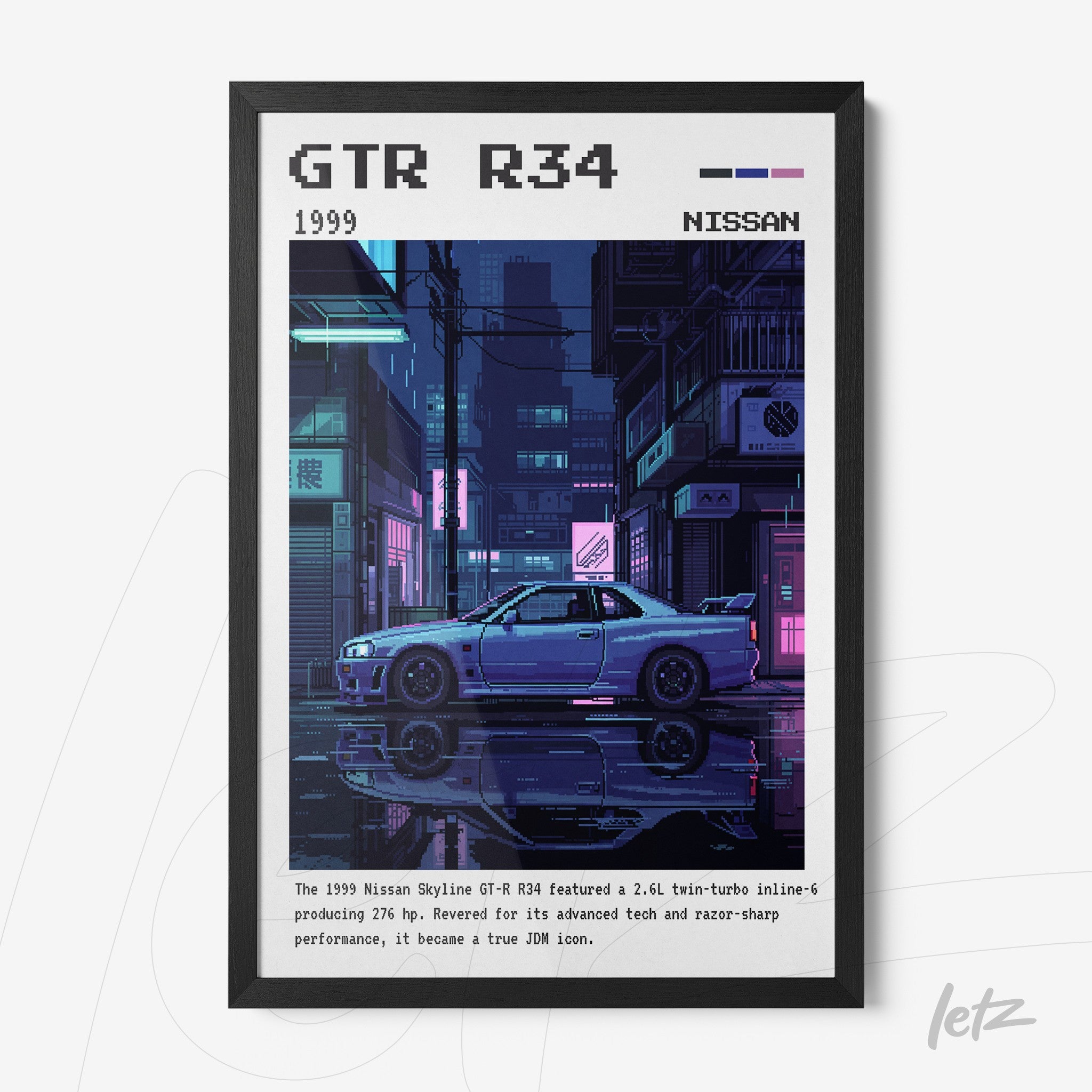 framed digital art of a Nissan Skyline GTR R34 in a nighttime urban setting with black frame
