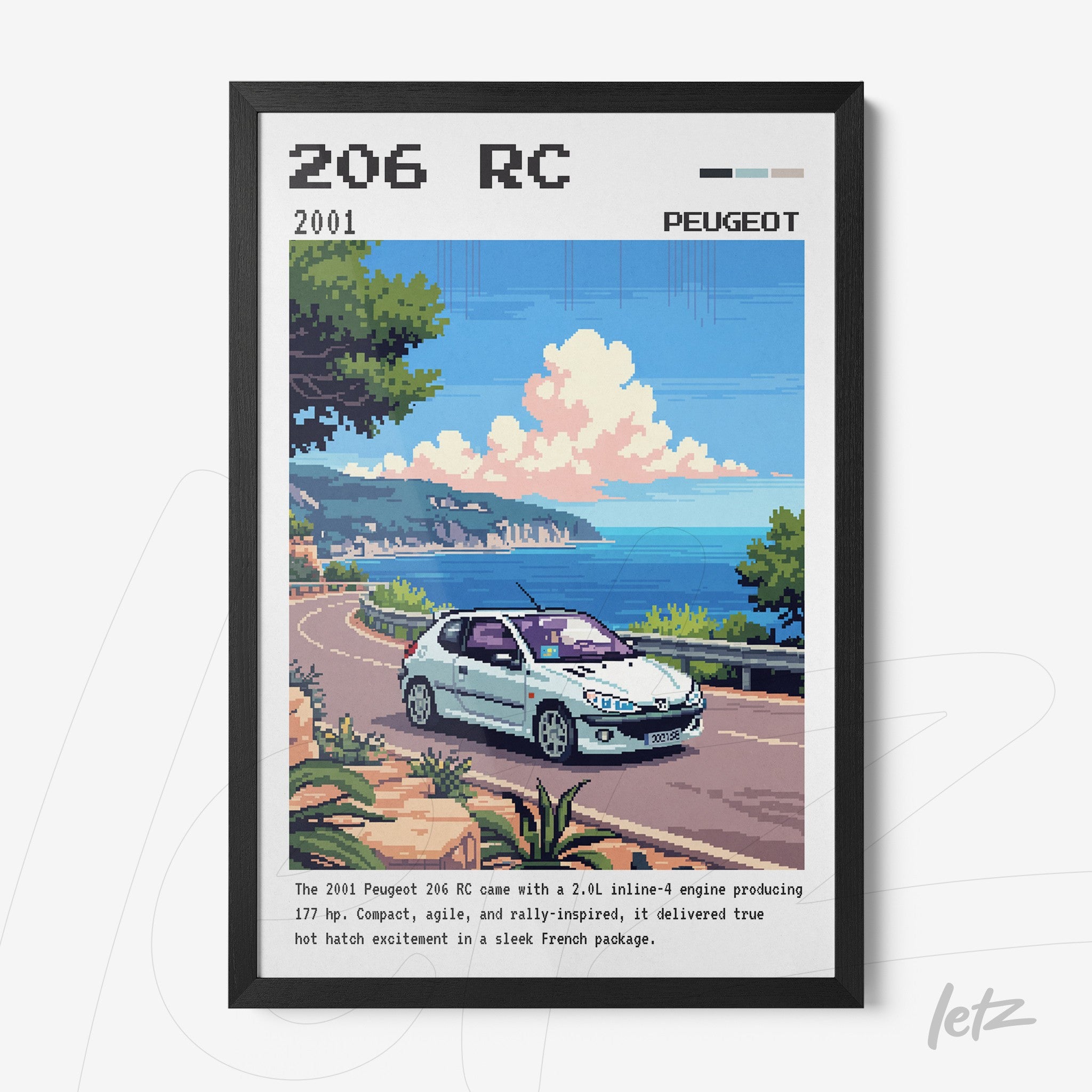 pixel art of Peugeot 206 RC on a coastal road surrounded by greenery in a black frame