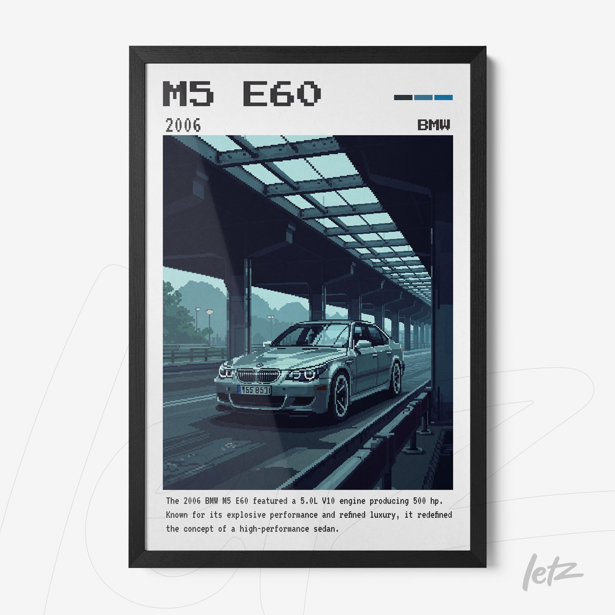 framed digital art of the 2006 BMW M5 E60 with a black frame