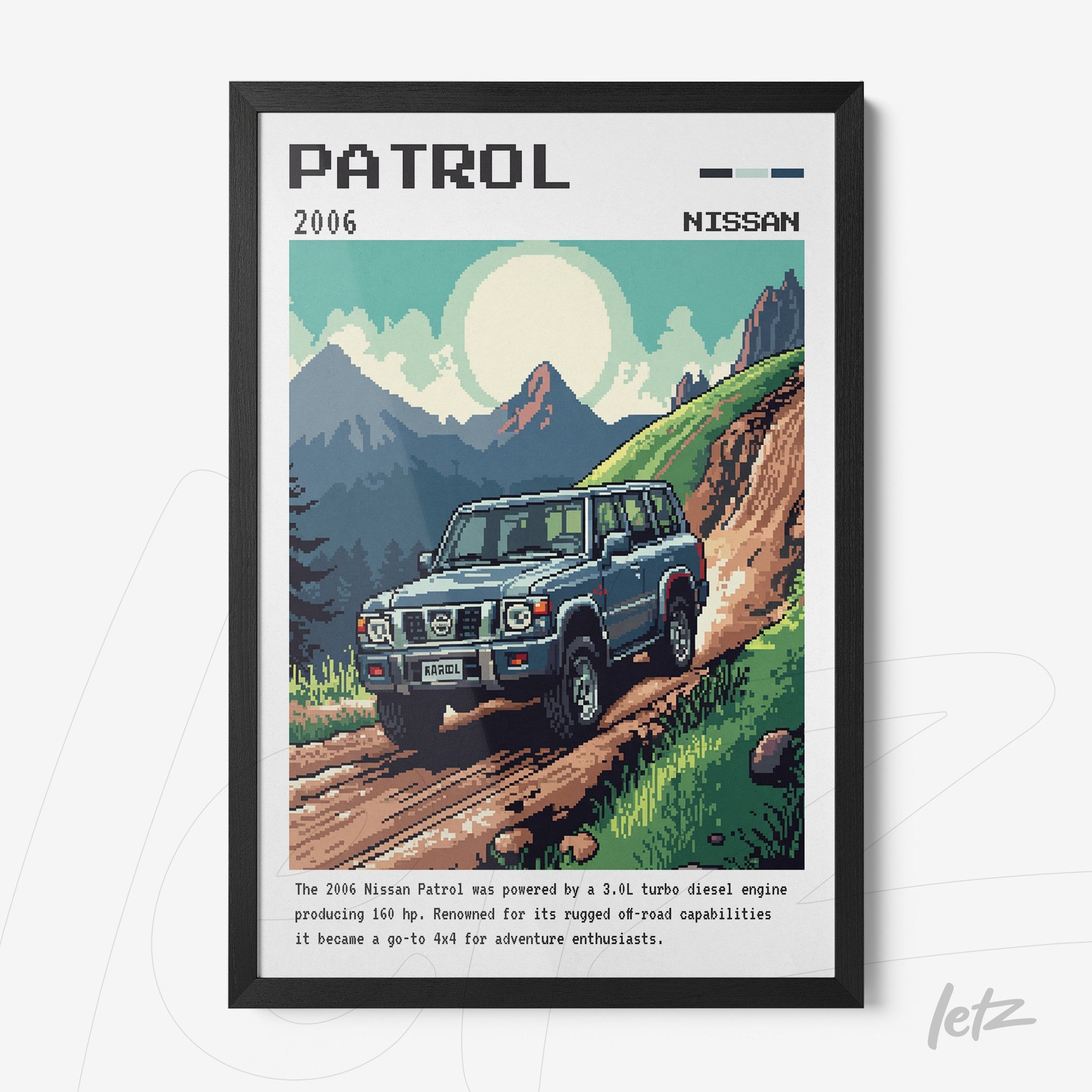 framed pixel art of a 2006 Nissan Patrol on a dirt road with a mountainous background