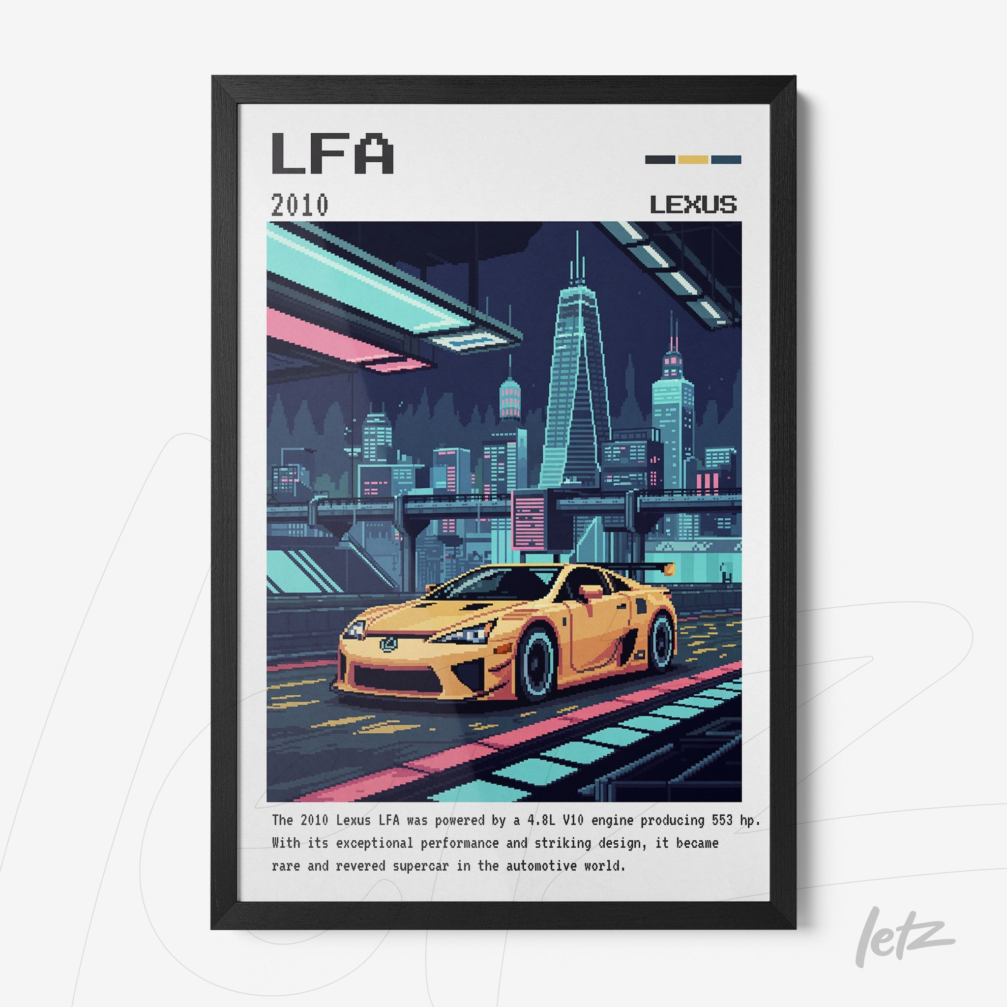 framed digital artwork of the lexus lfa car in pixel art style with black frame