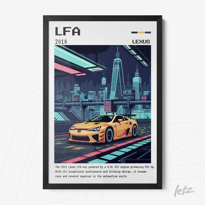 framed digital artwork of the lexus lfa car in pixel art style with black frame