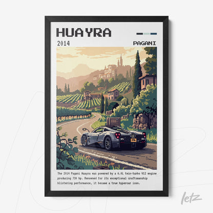 pixel art framed piece featuring the Pagani Huayra sports car in a mountainous landscape with vineyards in the background and a black frame