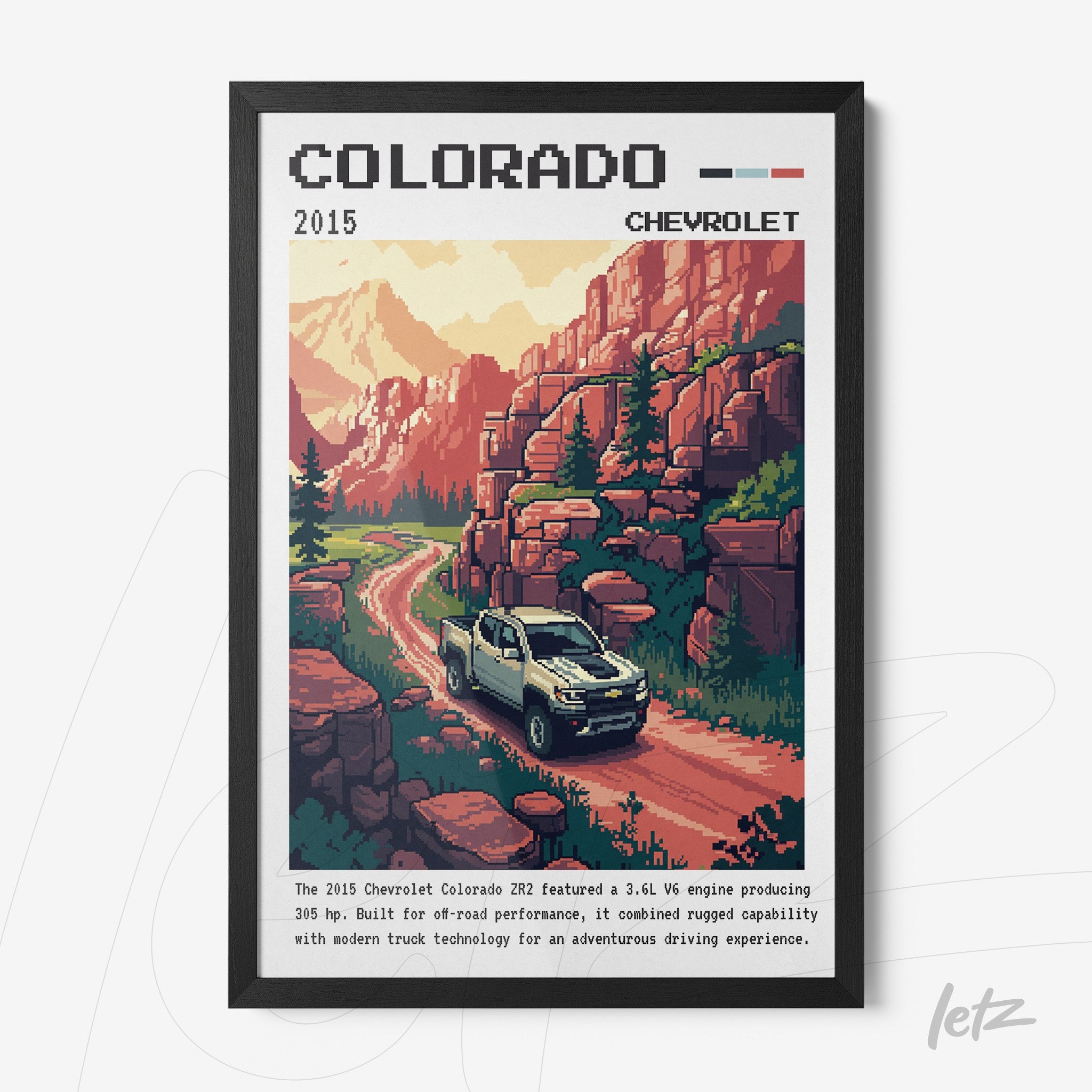 vintage style wall art featuring a pixelated illustration of a Chevrolet Colorado truck on a mountainous road