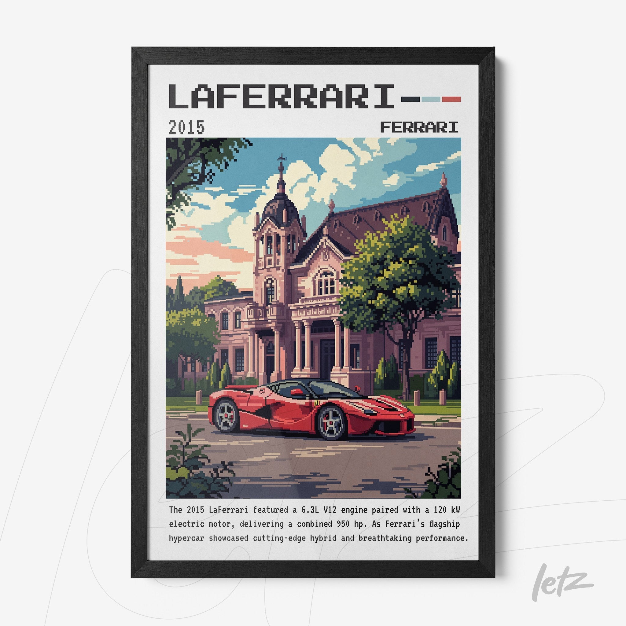 framed wall art of LaFerrari in pixel art style with black frame