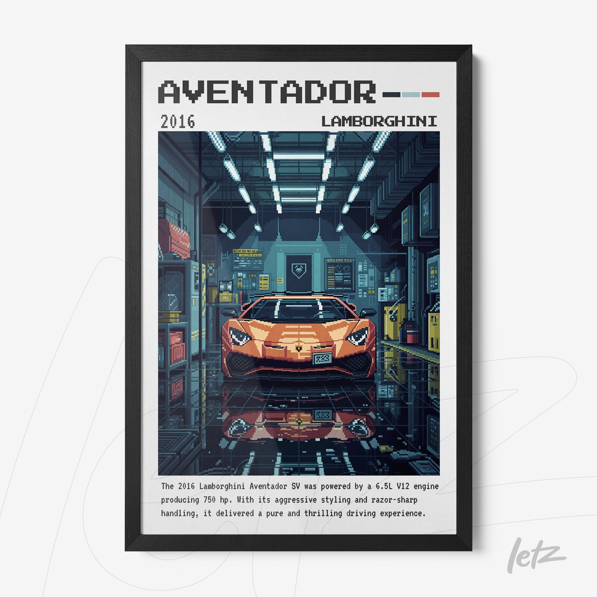 framed wall art featuring pixel art of a Lamborghini Aventador in a modern garage setting