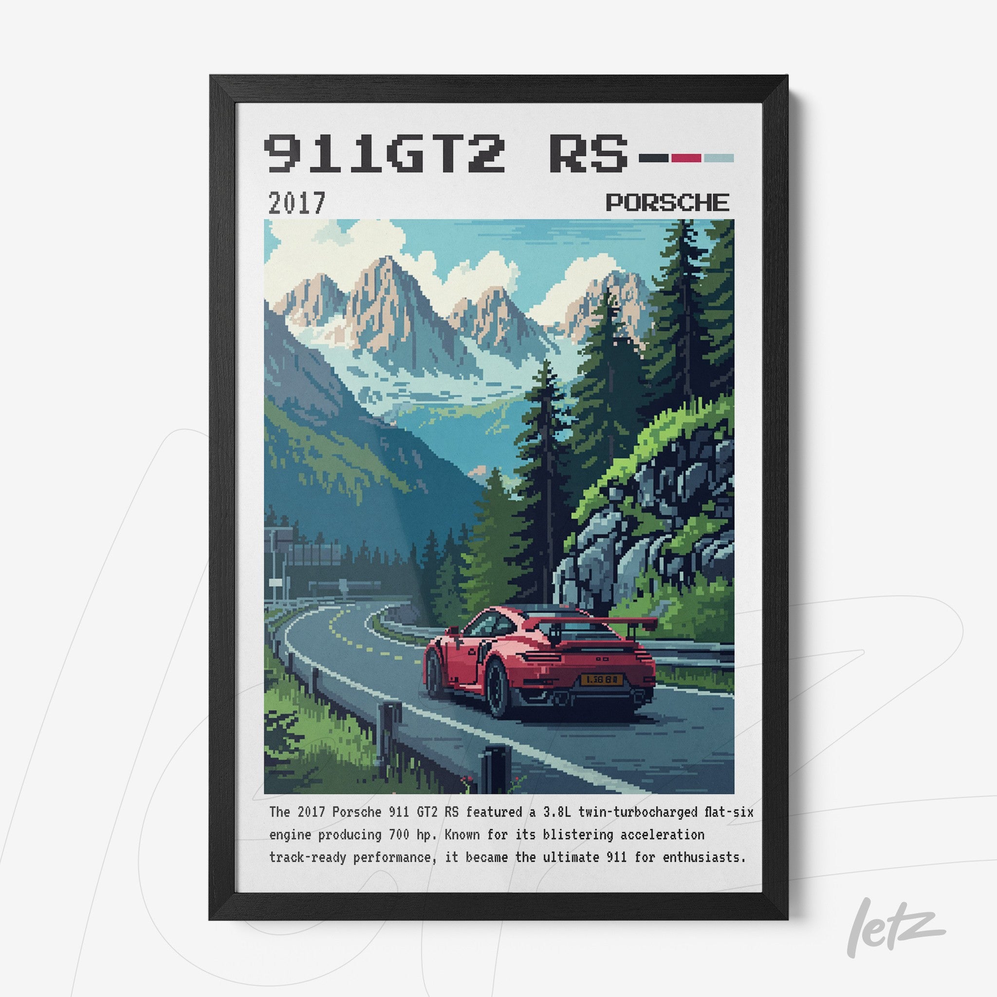 digital artwork featuring a Porsche 911 GT2 RS driving along a mountain road in a black frame