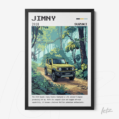 pixel art framed print of 2018 Suzuki Jimny in a tropical forest setting with black frame