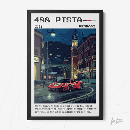 pixel art of a ferrari 488 pista in an urban street at night with black frame
