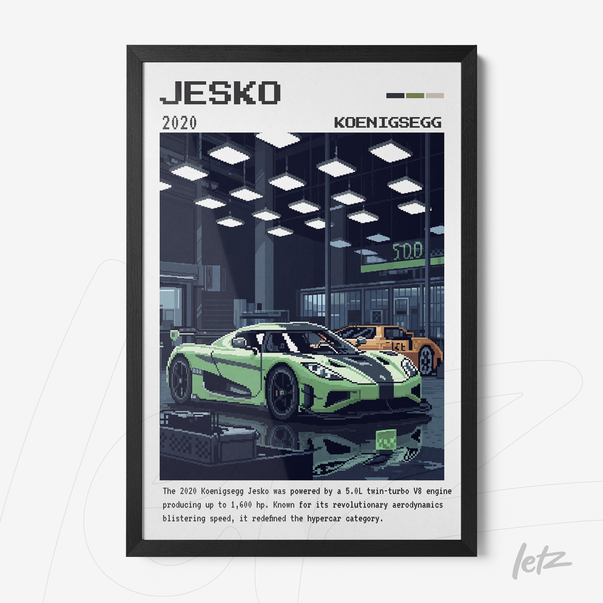 framed artwork featuring pixel art illustration of the Koenigsegg Jesko sports car set in a garage background with green and black accents