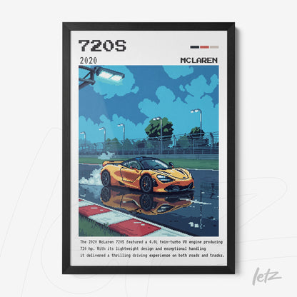 framed digital art of McLaren 720S on a wet track reflecting its image on the ground