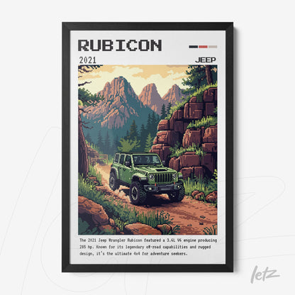 framed retro style art of a green jeep Rubicon driving on a mountain road