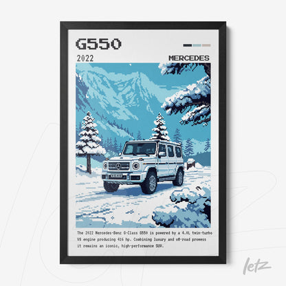 pixel art framed wall art of the 2022 Mercedes-Benz G550 in a snowy mountain landscape with black frame