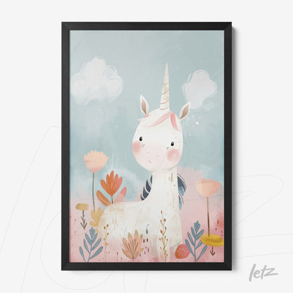 framed wall art featuring a unicorn illustration on soft blue background with colorful flowers