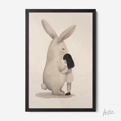 framed artwork featuring a girl hugging a large rabbit against a neutral background with a black frame