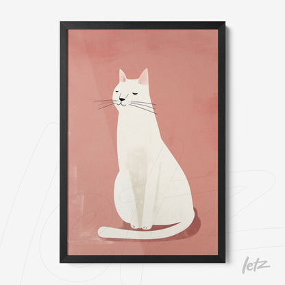 framed art featuring a white cat illustration on a pink background