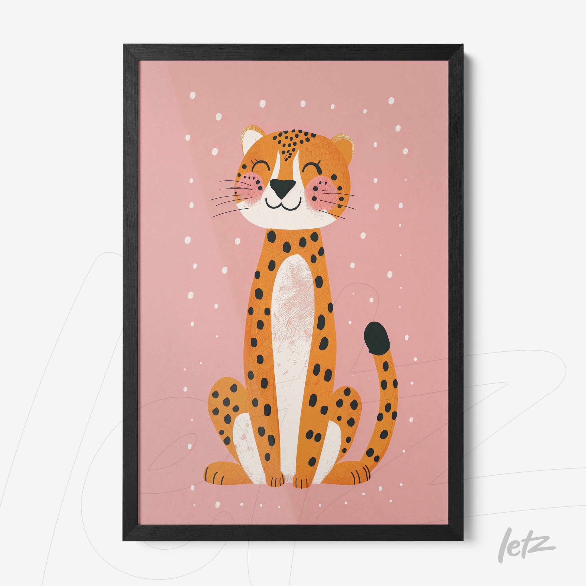 framed artwork of a smiling leopard against a pink background with a black frame