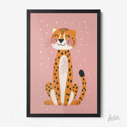 framed artwork of a smiling leopard against a pink background with a black frame