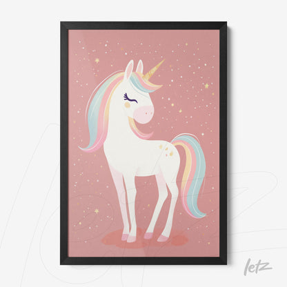 framed artwork of a unicorn on a light pink background with stars