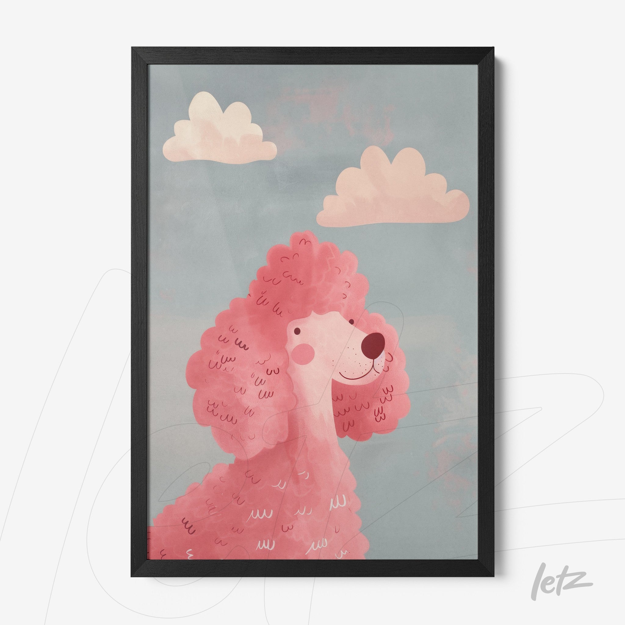 framed artwork of a pink poodle against a light blue background with clouds